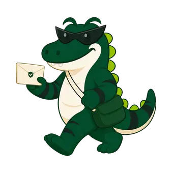 Mascote do jacabooster, um jacaré carteiro com bolsa postal entregando um envelope de cartas